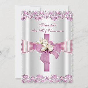 Invitation Première Sainte Communion 1ère Croix Filles Blanc 