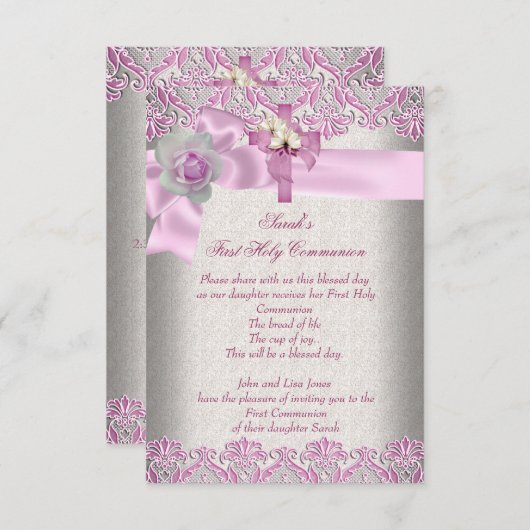 Invitation Première Sainte Communion 1ère Croix Filles Crème  (Devant / Derrière)