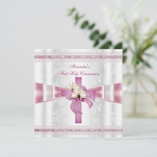 Invitation Première Sainte Communion 1ère Croix Filles Rose b (Debout devant)