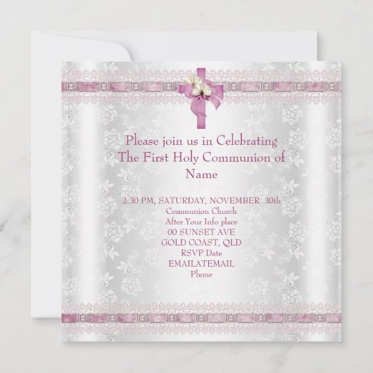 Invitation Première Sainte Communion 1ère Croix Filles Rose b (Dos)