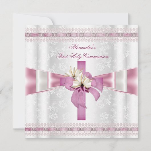 Invitation Première Sainte Communion 1ère Croix Filles Rose b (Devant)