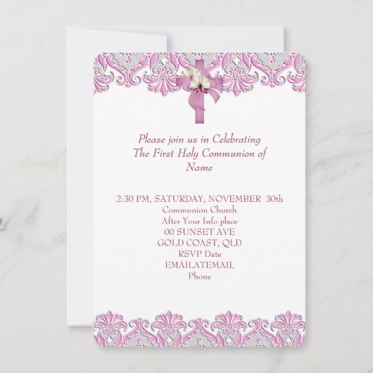 Invitation Première Sainte Communion 1ère Croix Filles Rose b (Dos)