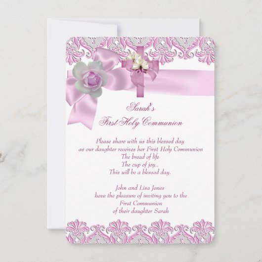 Invitation Première Sainte Communion 1ère Croix Filles Rose b (Devant)