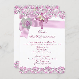 Invitation Première Sainte Communion 1ère Croix Filles Rose b