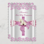 Invitation Première Sainte Communion 1ère Croix Filles Rose b (Devant / Derrière)