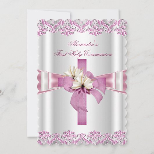 Invitation Première Sainte Communion 1ère Croix Filles Rose b (Devant)