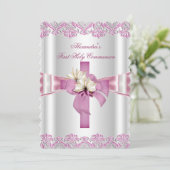 Invitation Première Sainte Communion 1ère Croix Filles Rose b (Debout devant)