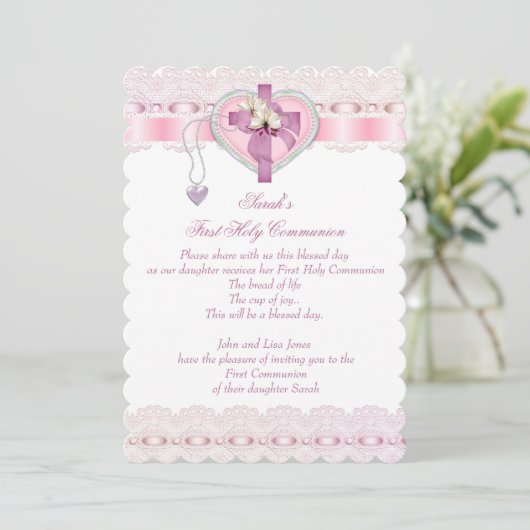Invitation Première Sainte Communion 1ère Croix Filles Rose b (Debout devant)