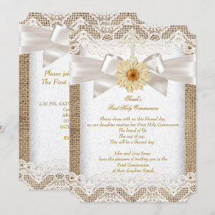 Invitation Première Sainte Communion 1ère Fille Croix Burlap