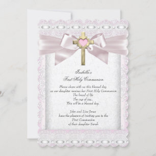 Invitation Première Sainte Communion 1ère Fille Croix Rose De