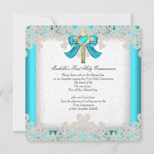 Invitation Première Sainte Communion 1ère Fille Croix Turquoi