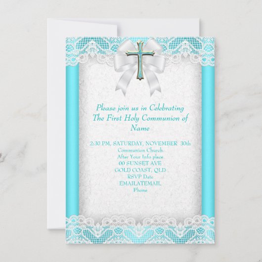 Invitation Première Sainte Communion 1ère Filles Croix Aqua T (Dos)