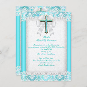 Invitation Première Sainte Communion 1ère Filles Croix Aqua T