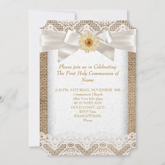 Invitation Première Sainte Communion 1ère Filles Croix Burlap (Dos)