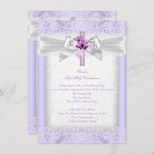 Invitation Première Sainte Communion 1ère Filles Croix Lavand (Devant / Derrière)