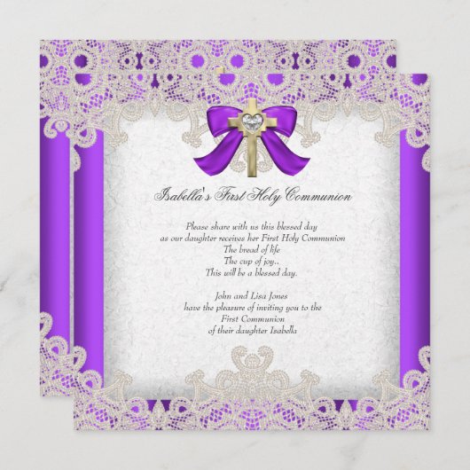 Invitation Première Sainte Communion 1ère Filles Croix pourpr (Devant / Derrière)