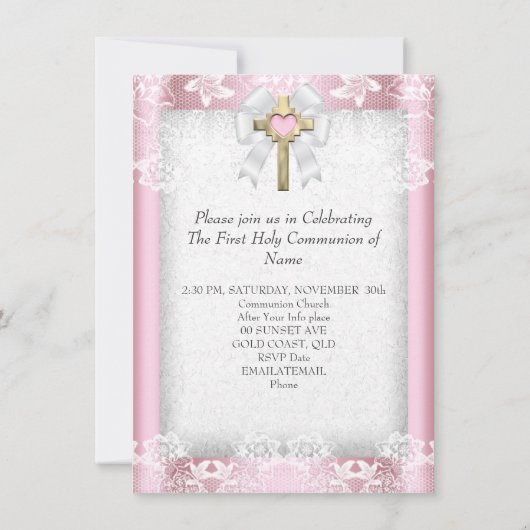 Invitation Première Sainte Communion 1ère Filles Croix Rose 8 (Dos)