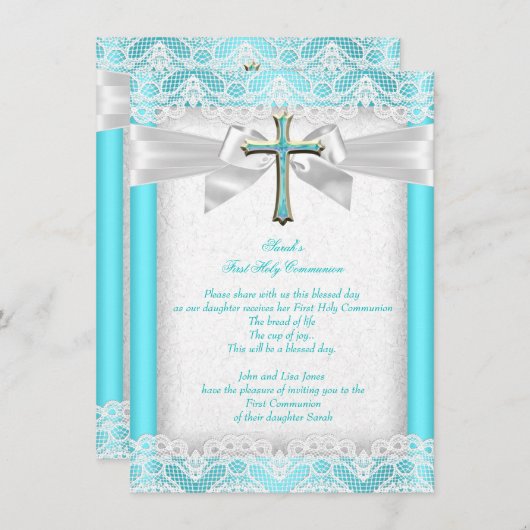 Invitation Première Sainte Communion 1ère Filles Croix Turquo (Devant / Derrière)