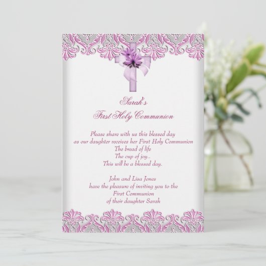 Invitation Première Sainte Communion 1re Croix Filles Rose Li (Debout devant)