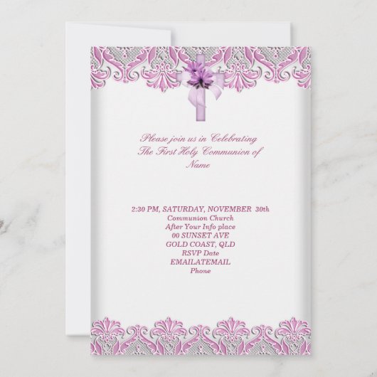 Invitation Première Sainte Communion 1re Croix Filles Rose Li (Dos)