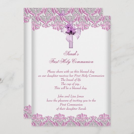 Invitation Première Sainte Communion 1re Croix Filles Rose Li (Devant / Derrière)