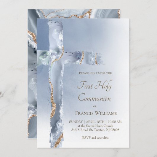 Invitation Première Sainte Communion agate bleu poussiéreux S (Devant / Derrière)