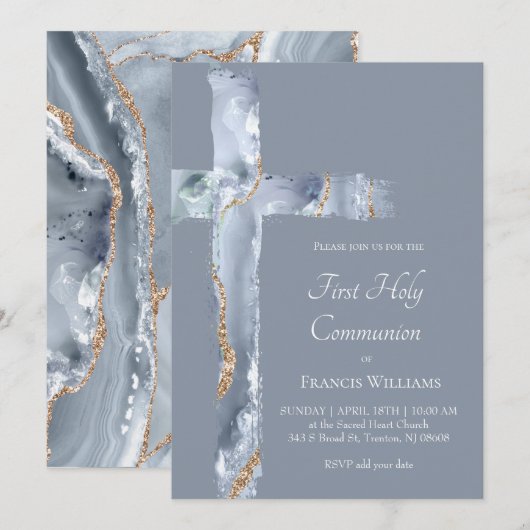 Invitation Première Sainte Communion agate bleue Sainte Croix (Devant / Derrière)