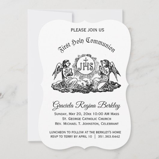 Invitation Première Sainte Communion Angel Black White Invita (Devant)