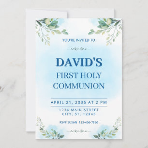 Invitation Première Sainte Communion Aquarelle Feuillage Bleu