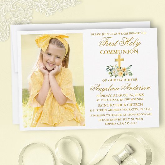 Invitation Première Sainte Communion Aquarelle Jaune Floral O