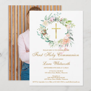 Invitation Première Sainte Communion Aquarelle Or Photo Flora