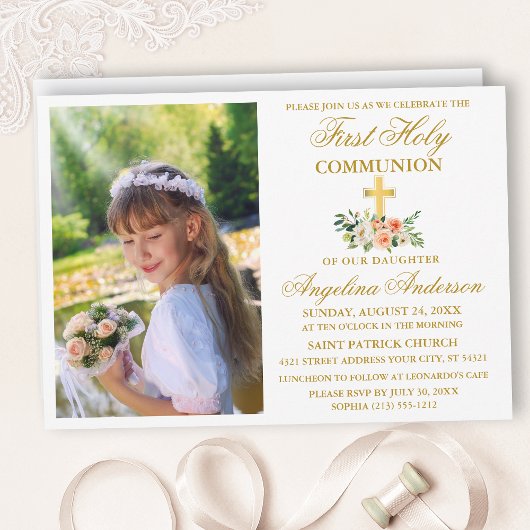 Invitation Première Sainte Communion Aquarelle Peach Floral G