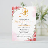 Invitation Première sainte communion aquarelle Pink floral (Debout devant)