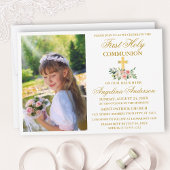 Invitation Première Sainte Communion Aquarelle Rose Floral Or