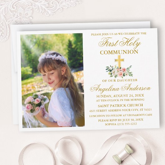 Invitation Première Sainte Communion Aquarelle Rose Floral Or