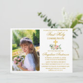 Invitation Première Sainte Communion Aquarelle Rose Floral Or (Debout devant)