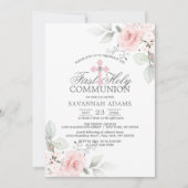 Invitation Première Sainte Communion Aquarelle Rose Rose Girl (Devant)