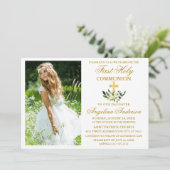 Invitation Première Sainte Communion Aquarelle Vert Floral (Debout devant)