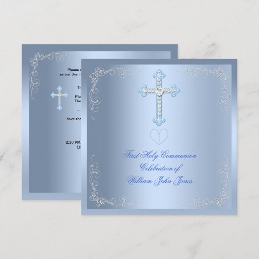 Invitation Première Sainte Communion Argent Bleu Garçon (Devant / Derrière)