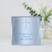 Invitation Première Sainte Communion Argent Bleu Garçon (Debout devant)