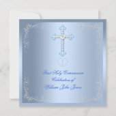Invitation Première Sainte Communion Argent Bleu Garçon (Devant)