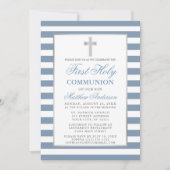 Invitation Première Sainte Communion Argent Dusty Bleu rayé (Devant)