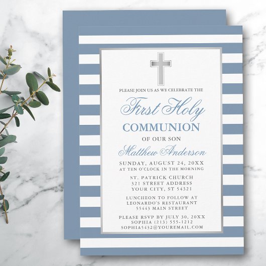 Invitation Première Sainte Communion Argent Dusty Bleu rayé