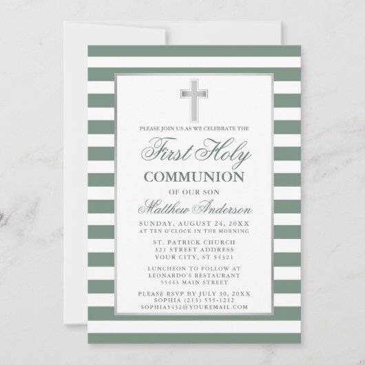Invitation Première Sainte Communion Argent Sage Vert Strié (Devant)