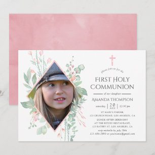 Invitation Première Sainte Communion au pastel rose verdure