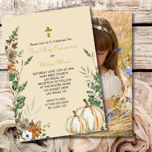 Invitation Première Sainte Communion Automne Rustique Brown F