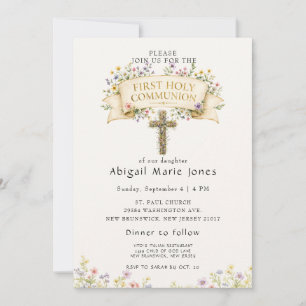 Invitation Première Sainte Communion aux fleurs sauvages crèm