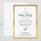 Invitation Première Sainte Communion avec croix dorée élégant (Devant / Derrière)