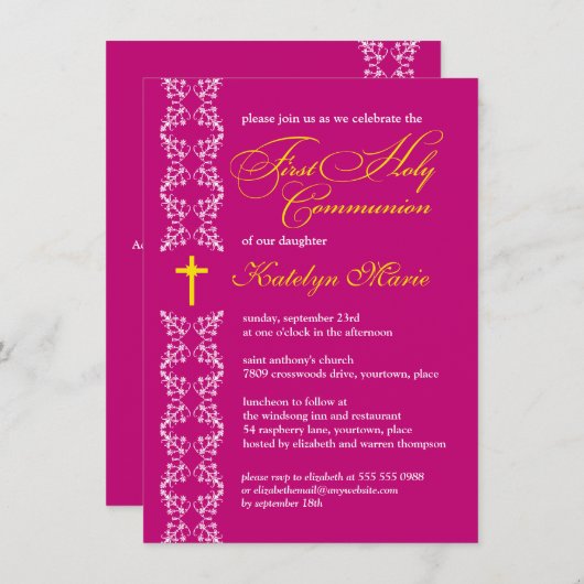 Invitation Première sainte communion baroque Fuchsia Strip (Devant / Derrière)