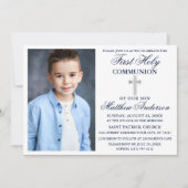 Invitation Première Sainte Communion Bleu Bleu Argent Stripes (Devant)